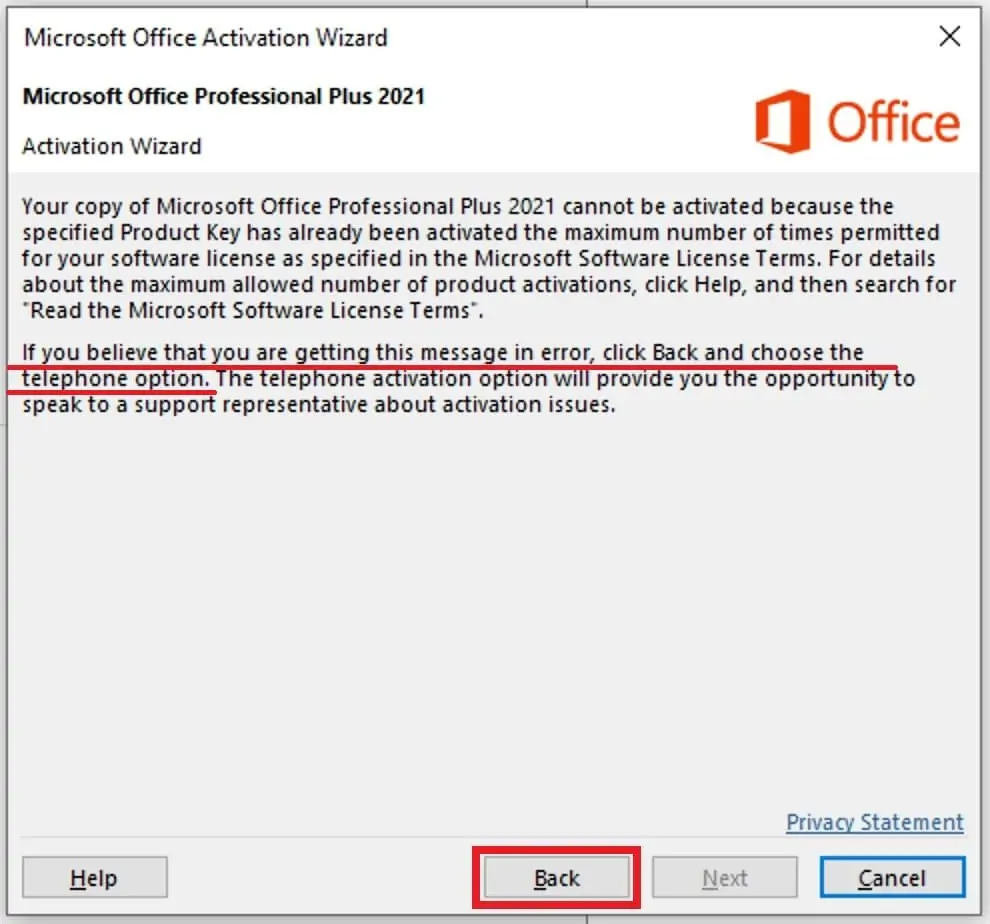 Activation Wizard error — telephone option තෝරන්න