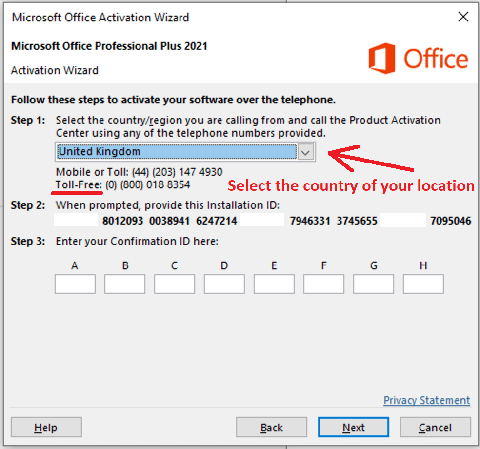 Installation ID සහ Confirmation ID boxes